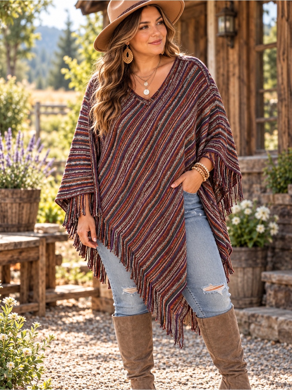 Boho Stripe Fringe Poncho Sweater - Multi-Brown | OSFM Size